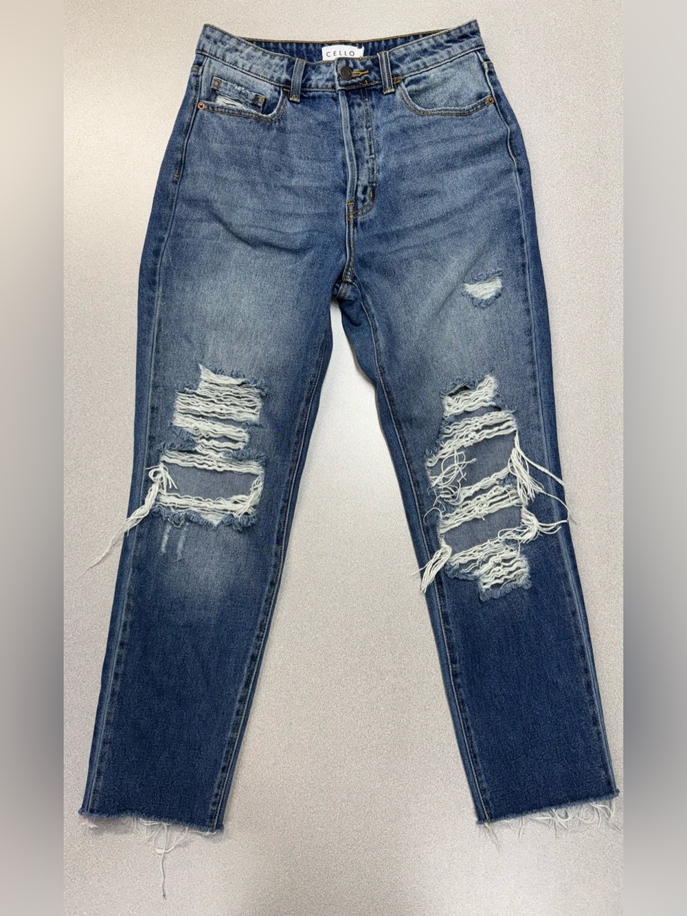 Cello High Rise Distressed Boyfriend Button Fly Jeans Medium Blue Wash Raw Hem